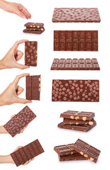 Set of milk chocolate bar with hazelnut, woman hand. Isolated on white background. Handmade chocolate.