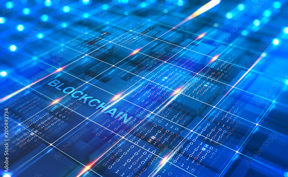 Poster Abstract concept Blockchain network. Fintech technology. Global protection and data transmission. 3D illustration on a technological background with binary code elements