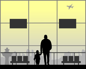 Grandpa and grandson walking at the airport while waiting for their flight, one in the series of similar images silhouette