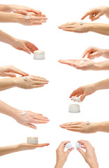 set of different beauty cream in can, body care lotion in jar, skin moistuzier gel with hand. Isolated on white background.