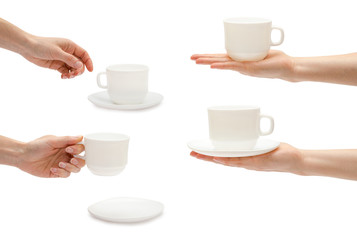 set of different Female hand holds a cup of tea. Isolated on white background