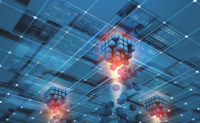 Fototapeta premium Abstract concept Blockchain network. Fintech technology. Global protection and data transmission. 3D illustration on a technological background with binary code elements