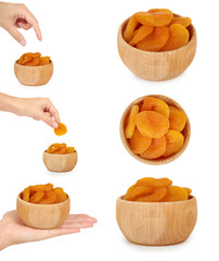 set of different delicious and healthy dried apricots in hand isolated on white background, healthy sweet snack