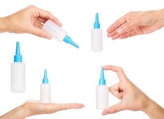 set of different White glue container with hand, isolated on a white background