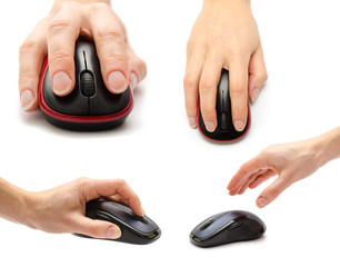set of different computer mouse with hand. Isolated on white background