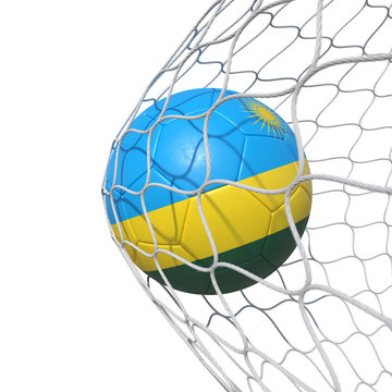 Rwanda Rwandan flag soccer ball inside the net, in a net.
