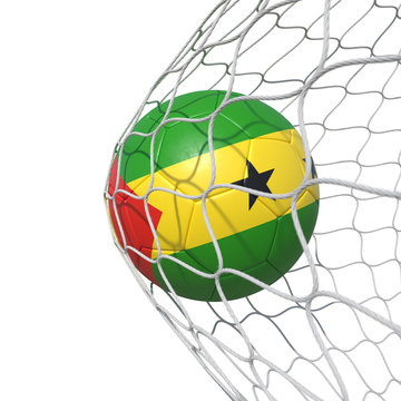 Sao Tome and Principe flag soccer ball inside the net, in a net.