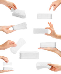 set of different white sanitary napkin with hand. isolated on white background - obrazy, fototapety, plakaty