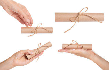 set of different kraft paper scroll with hand, isolated on white background