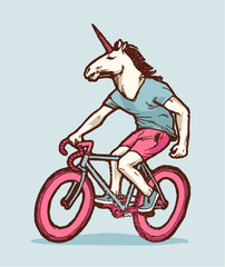white unicorn head guy riding pink bicycle
