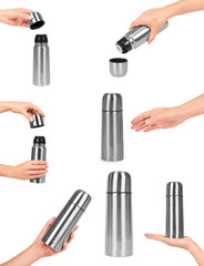 set of different metal thermos for trips with hand, isolated on white background