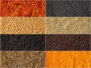 Collage of different herbs and spices background.