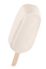 White milk ice cream on wooden stick isolated on white background. Photographed close-up.