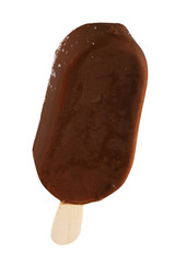 Ice cream in chocolate glaze  on a wooden stick. Sweet dessert for the summer is photographed close-up. Isolated on white background.