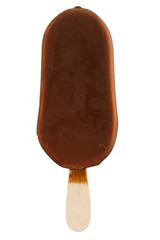 Ice cream in chocolate glaze  on a wooden stick. Sweet dessert for the summer is photographed close-up. Isolated on white background.