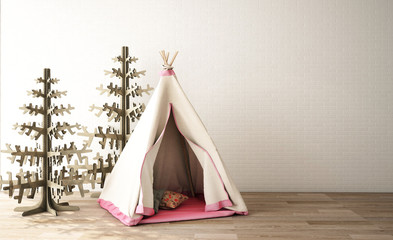 interior design with tent on the wood floor and brick wall ,3d illustration © TATTA