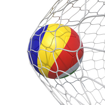 Seychelles Seychellois flag soccer ball inside the net, in a net.