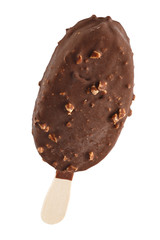 Ice cream in chocolate glaze with nuts on a wooden stick. Sweet dessert for the summer is photographed close-up. Isolated on white background.