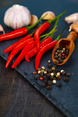 Red chili pepper, garlic and hot peppercorns