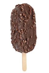 Ice cream in chocolate glaze with nuts on a wooden stick. Sweet dessert for the summer is photographed close-up. Isolated on white background.