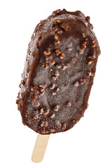 Ice cream in chocolate glaze with nuts on a wooden stick. Sweet dessert for the summer is photographed close-up. Isolated on white background.