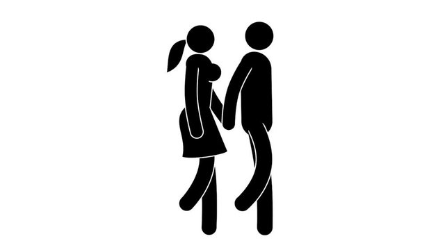 Couple Man and woman walking holding hands. Pictogram people. Loop animation with alpha channel.