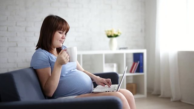 pregnant woman  with laptop at home