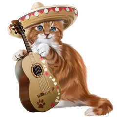 Ginger kitten playing the guitar watercolor painting
