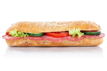 Sub sandwich with salami whole grains grain baguette lateral isolated on white