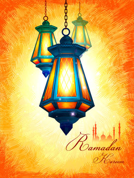 Illuminated lamp for Ramadan Kareem Greetings for Ramadan background with Islamic Mosque