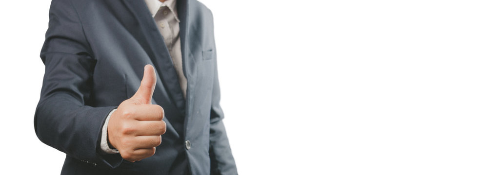 Close up of young business man going thumb up, isolated. Teamwork and Unity concept