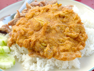 Fried pork and Omelet on rice,Thai menu