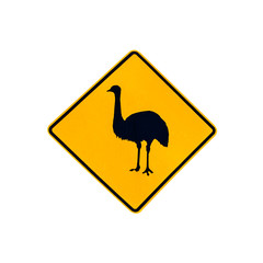 Australian wildlife warning road sign for ostrichs and emus on the road and highways of Australia. Isolated on white.