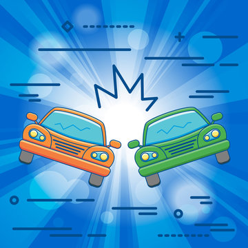 Flat Line design graphic image concept of car crash vector illustration, two automobiles collision, auto accident scene isolated on blue background
