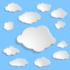 collection of white paper clouds for ui, web, social media design template on blue background