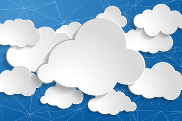 tranquil illustration of white paperclouds collection on wire network blue sky background