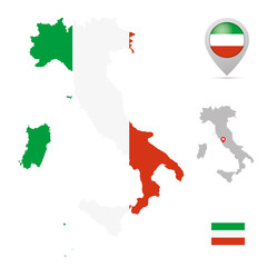 Italy map in national colors, flag and marker