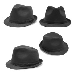 Set of black hats on white background