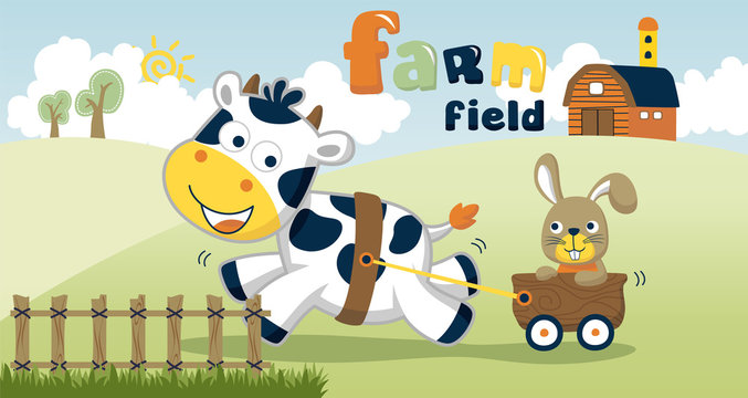 farm field with funny animals cartoon vector 