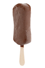 Ice cream in chocolate glaze  on a wooden stick. Sweet dessert for the summer is photographed close-up. Isolated on white background.
