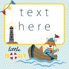 little fox cartoon on wooden boat. Greeting or invitation card
