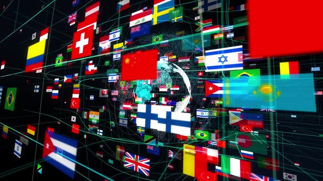 Nation flags in cyberspace. International network concept.