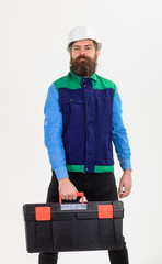 Repair service concept. Repairman in helmet, hard hat