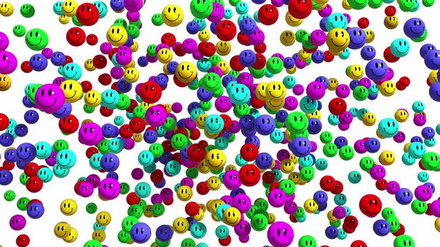 4K. Multicolor Smiley Face Icon Explosion On White Screen. 3D Animation.
