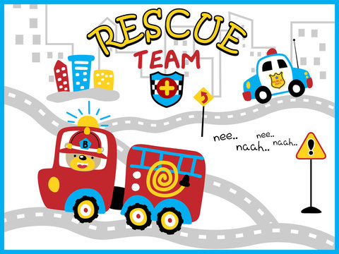 rescue team cartoon vector with funny firefighter