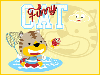funny cat cartoon vector with fishing net