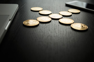 Bitcoin coin symbol on laptop future concept financial currency crypto currency sign. With copy space