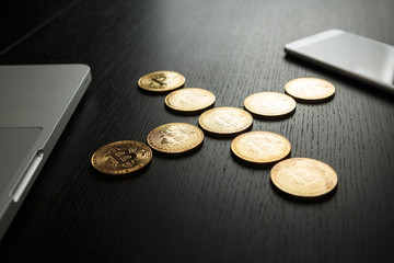 Bitcoin coin symbol on laptop future concept financial currency crypto currency sign. With copy space