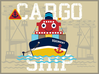 Obraz premium funny cargo ship cartoon vector in the port