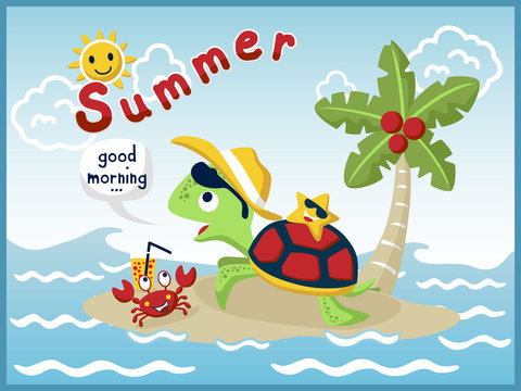 cartoon vector of holiday in the beach with funny turtle and little friends - Powered by Adobe